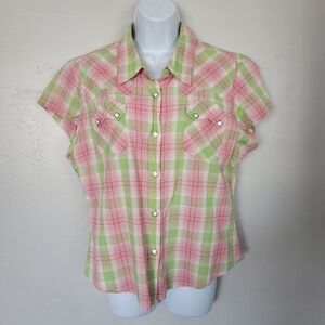 Roper Women's Large Short Sleeve Plaid Button Up Shirt Pink Green Red Stitching